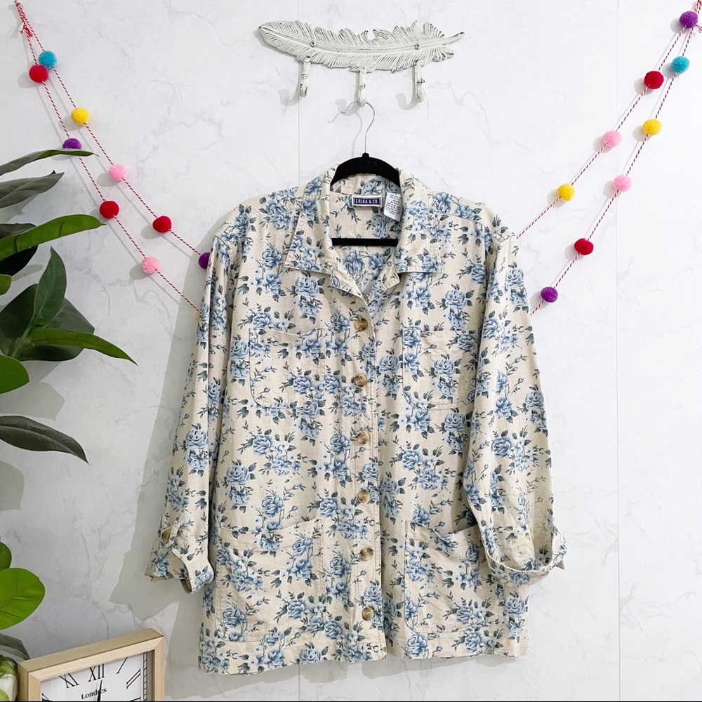 VIntage Erika & Co Floral Linen Cotton Shirt Jacket Shacket LARGE
